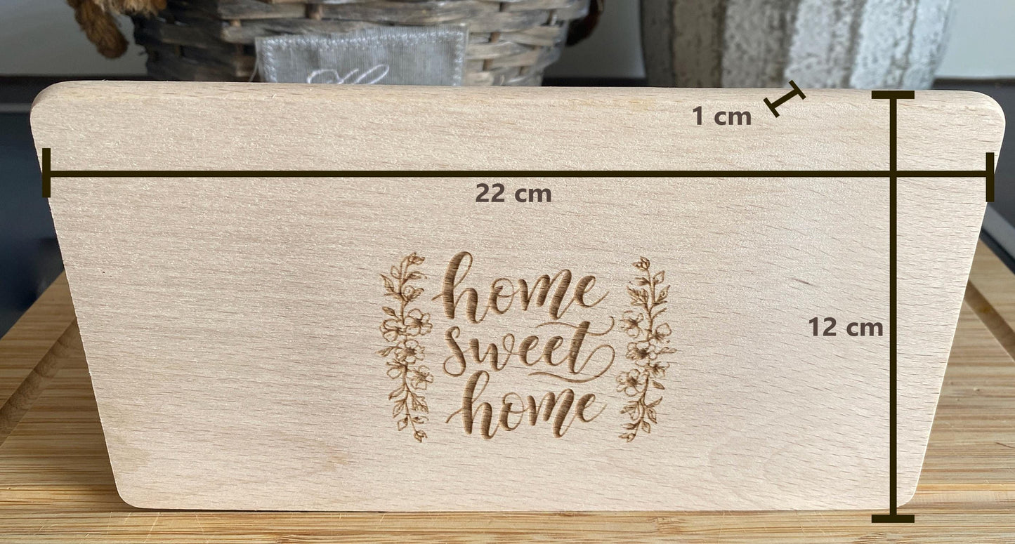 Holz-Schneidebrett, Frühstücksbrett, Holzbrett Geschenk erste Wohnung, Einzugsgeschenk, Schneidebrettchen zum Umzug, Home Sweet Home Gravur