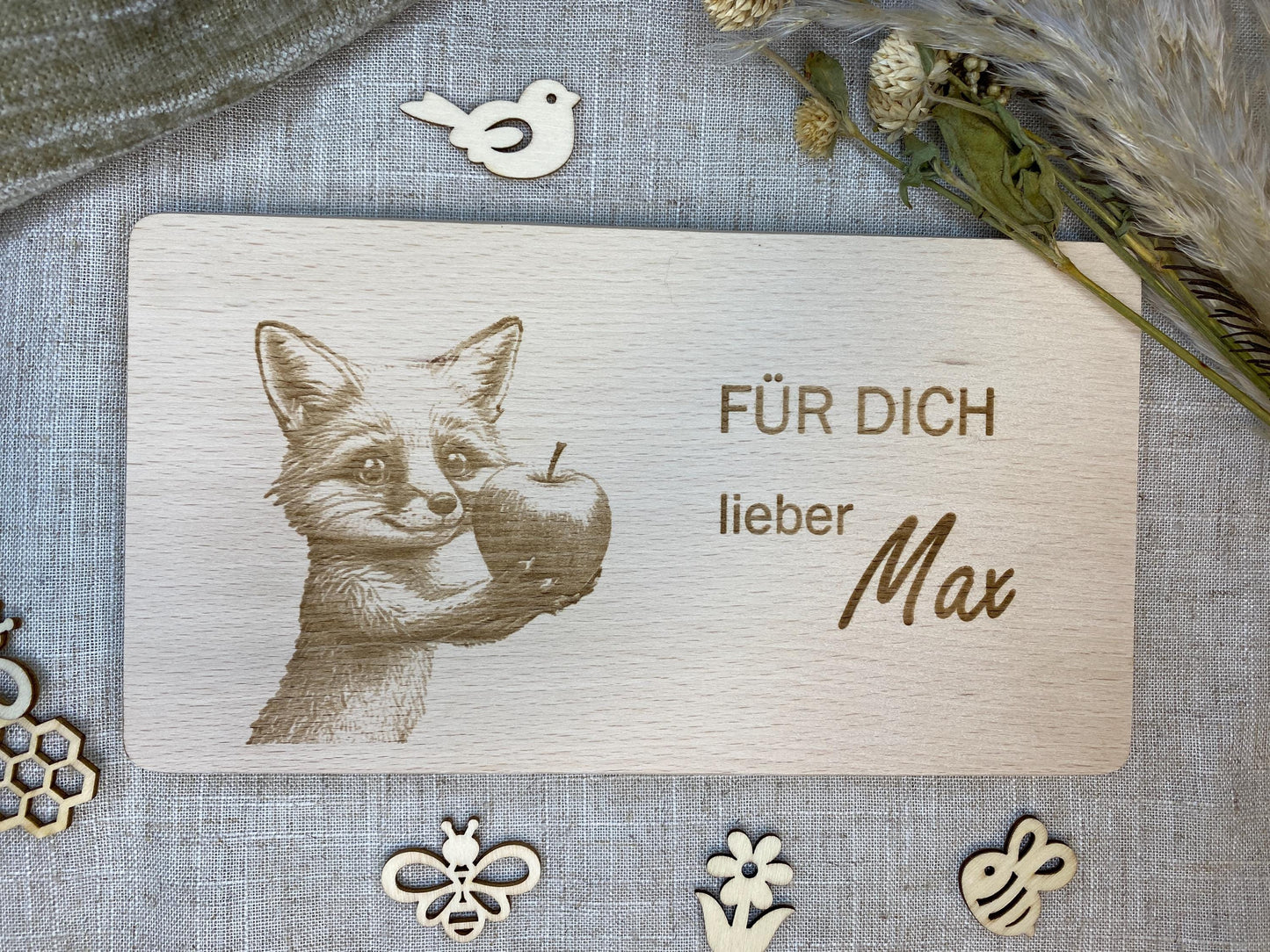 Holzbrett Gravur Fuchs + Namen, Motivation zum Essen für Kinder, Frühstücksbrett Motiv Für Dich, personalisierter Teller animiert zum Essen