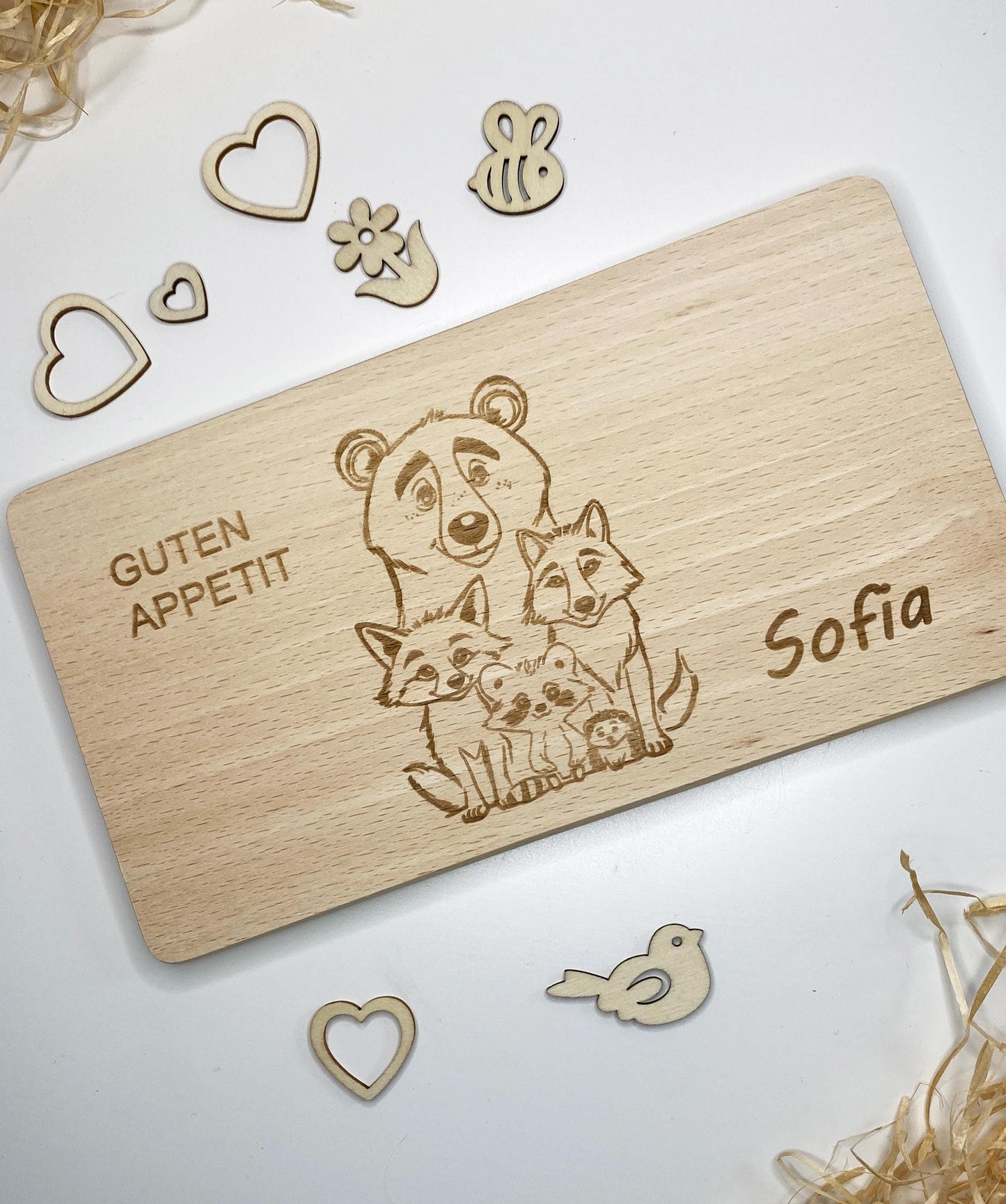 Frühstücksbrett für Kinder mit Namen, Holzbrett Gravur Tierfamilie, personalisiertes Brettchen, Schneidebrett Waldtiere,