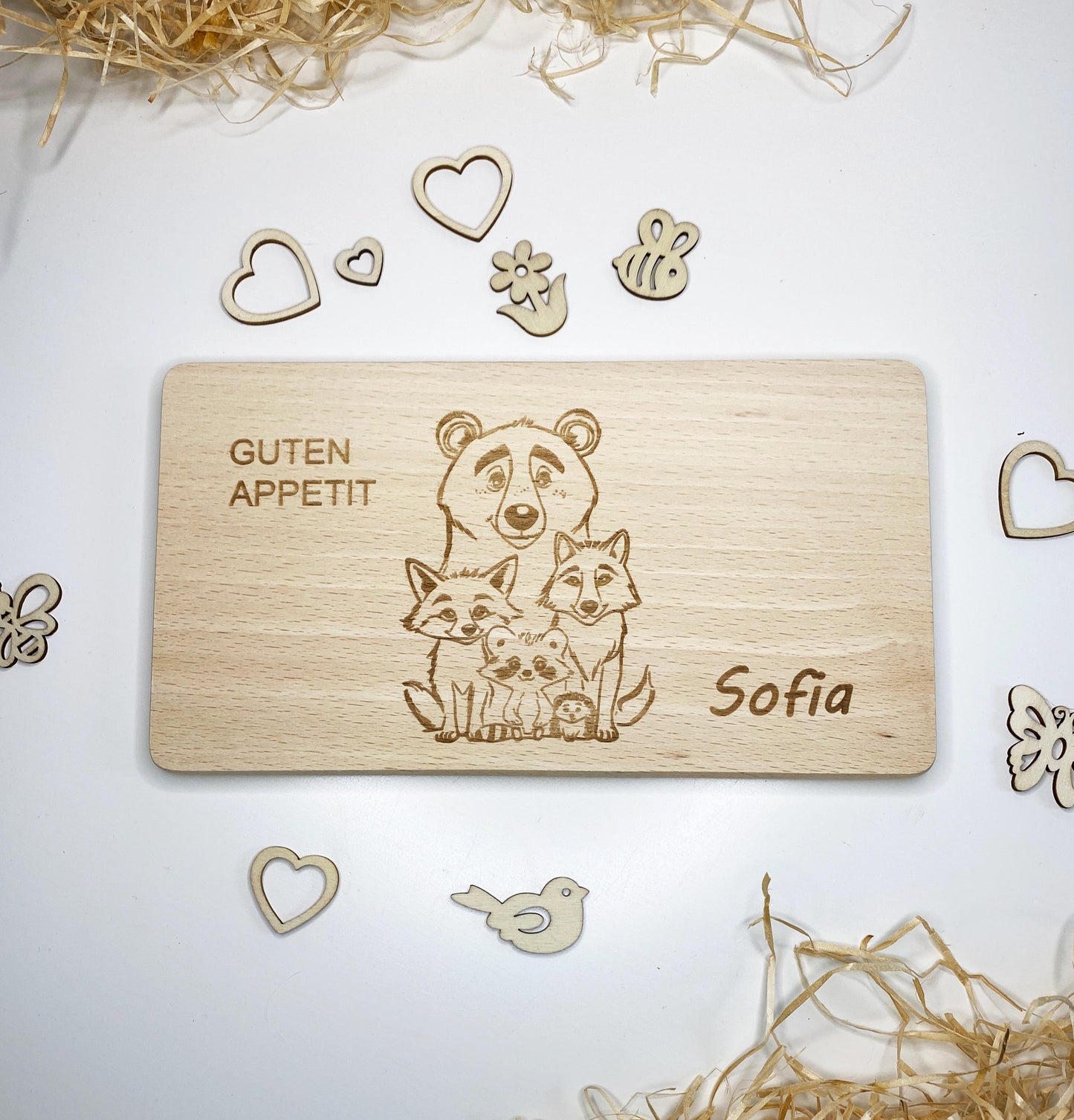 Frühstücksbrett für Kinder mit Namen, Holzbrett Gravur Tierfamilie, personalisiertes Brettchen, Schneidebrett Waldtiere,