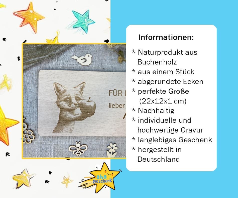 Holzbrett Gravur Fuchs + Namen, Motivation zum Essen für Kinder, Frühstücksbrett Motiv Für Dich, personalisierter Teller animiert zum Essen