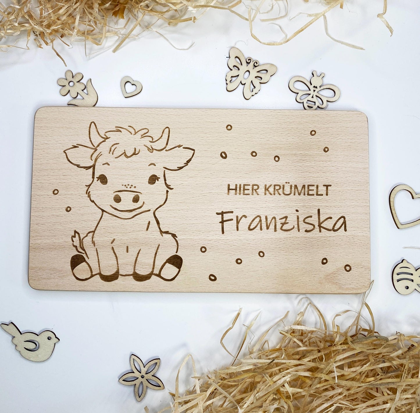 Holzbrettchen für Kinder mit Gravur Bauernhoftiere, Frühstücksbrett mit Namen, personalisiertes Schneidebrettchen