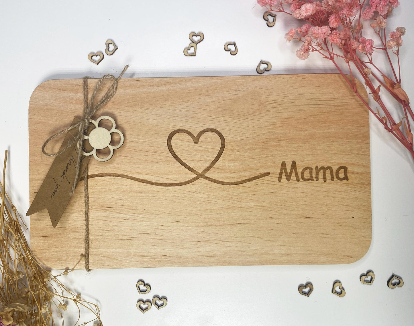 Holzbrett für Mama, Küchenbrett für Papa, Schneidebrett Herz Gravur, Holz Frühstücksbrett Mama, Brettchen Geschenk Mama und Papa Dankeschön