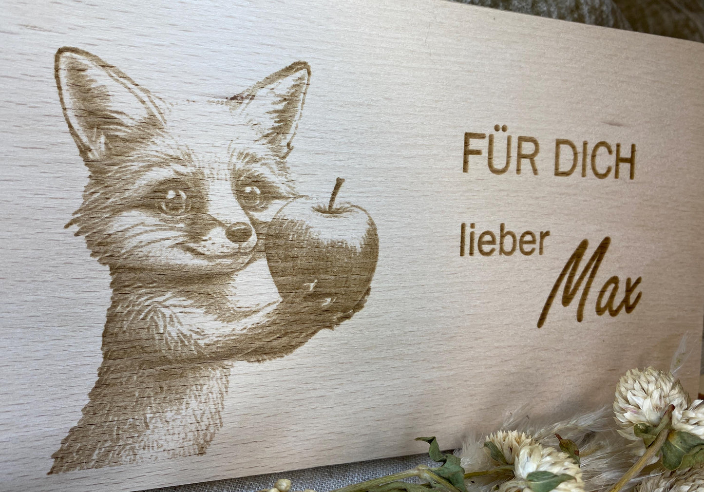 Holzbrett Gravur Fuchs + Namen, Motivation zum Essen für Kinder, Frühstücksbrett Motiv Für Dich, personalisierter Teller animiert zum Essen