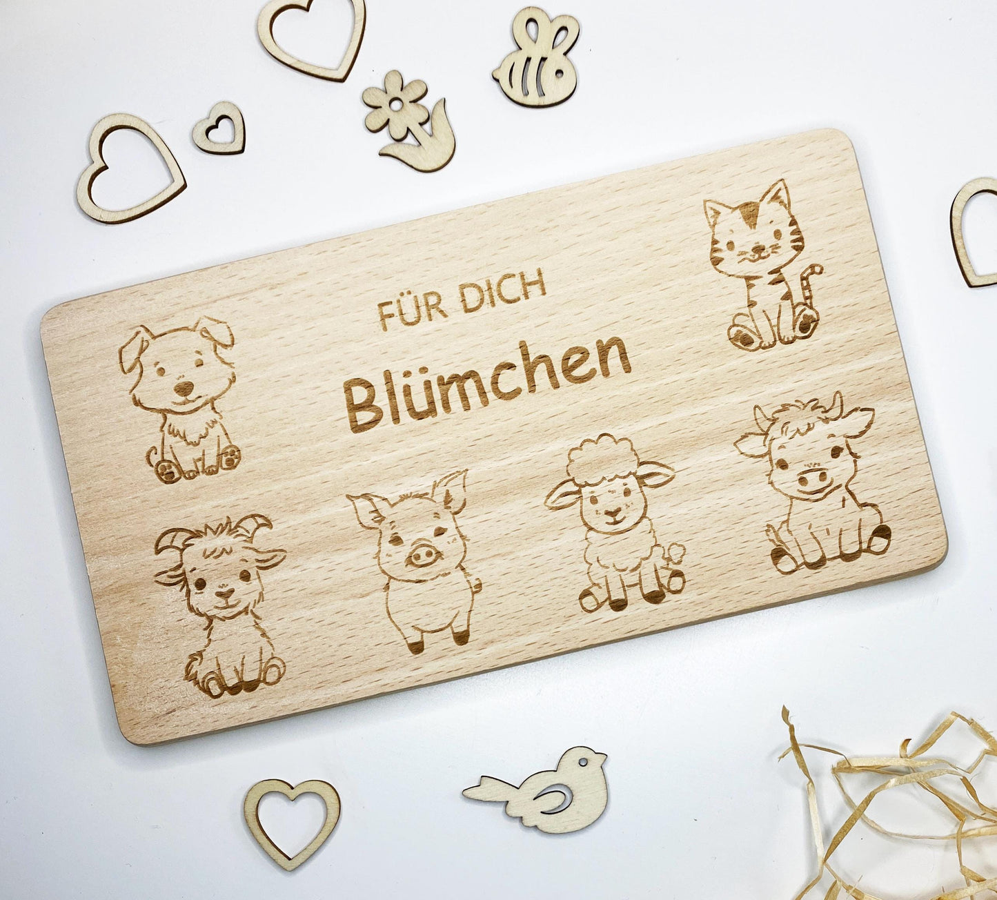 Frühstücksbrettchen mit 6 Bauernhof-Tieren, Kinder Holzbrettchen mit Gravur, Frühstücksbrett mit Namen, personalisiertes Holzbrett Geschenk