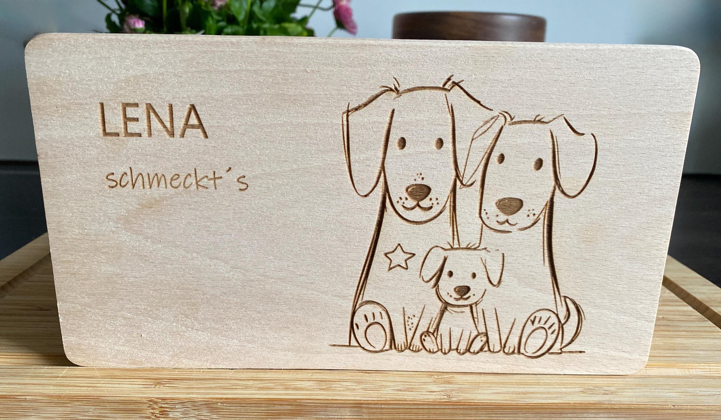 Holz Frühstücksbrett mit Golden Retriever Familie und Namensgravur, personalisiertes Holzbrettchen mit Gravur, Schneidebrett Hundefamilie