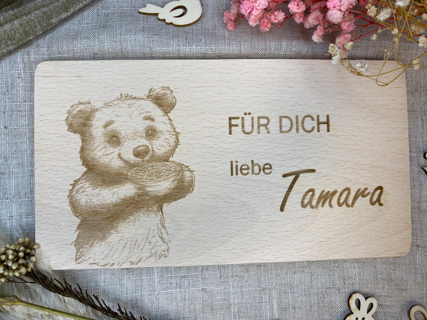 Holzbrett Gravur Bär + Name, Frühstücksbrett Motiv Für Dich, personalisierter Holzteller animiert zum Essen, Motivation für Kinder zum Essen