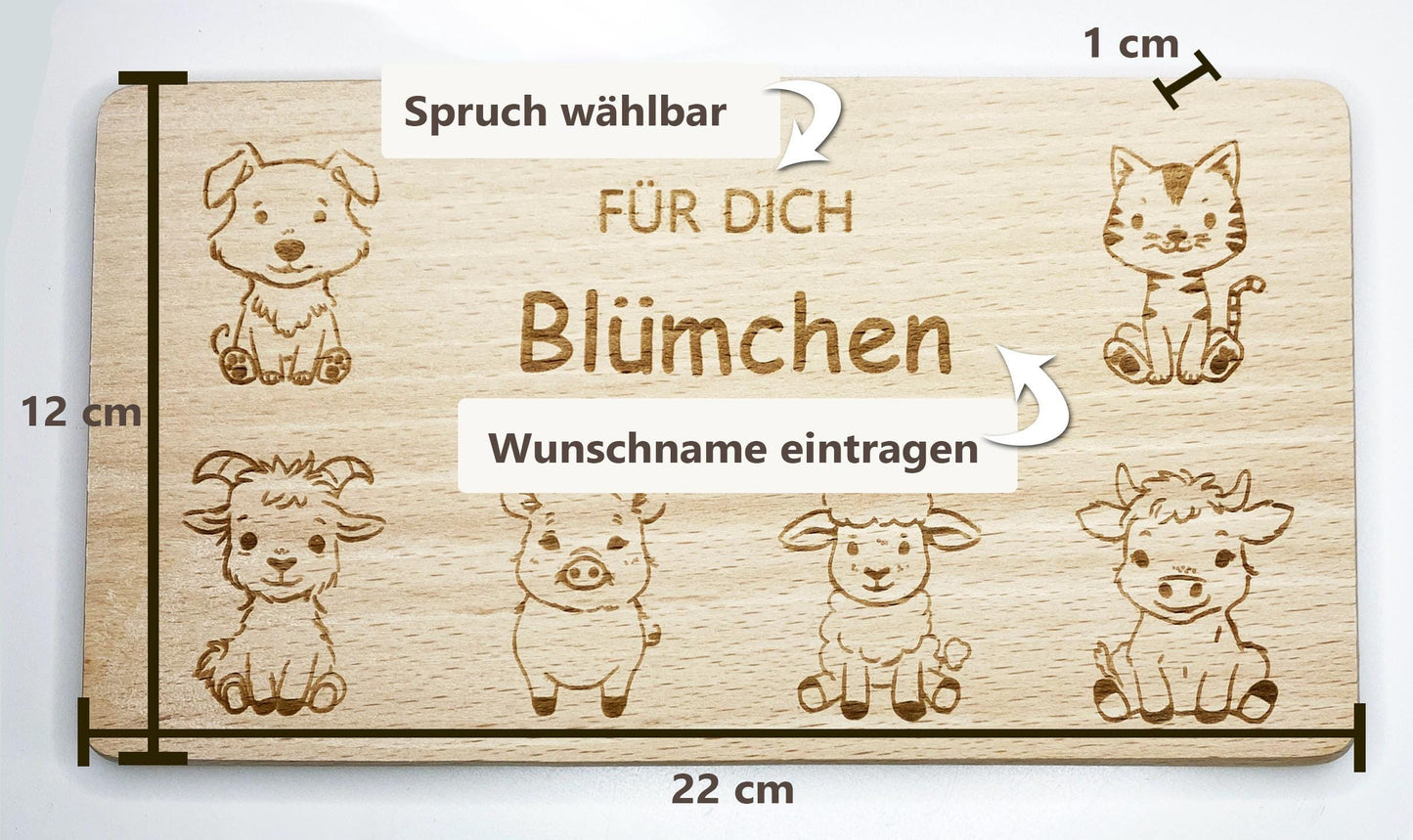 Frühstücksbrettchen mit 6 Bauernhof-Tieren, Kinder Holzbrettchen mit Gravur, Frühstücksbrett mit Namen, personalisiertes Holzbrett Geschenk