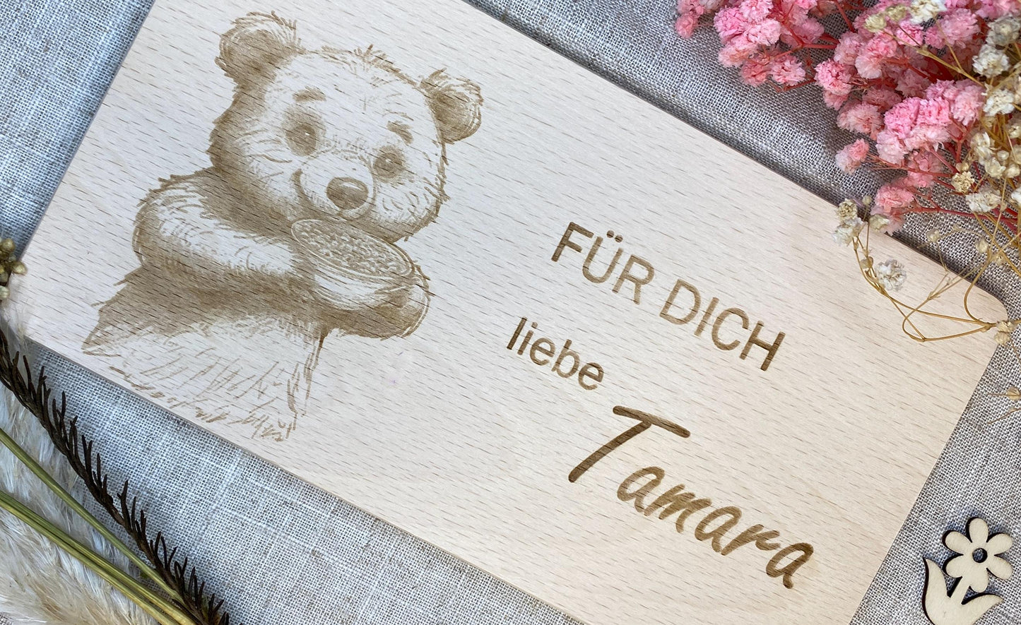 Holzbrett Gravur Bär + Name, Frühstücksbrett Motiv Für Dich, personalisierter Holzteller animiert zum Essen, Motivation für Kinder zum Essen