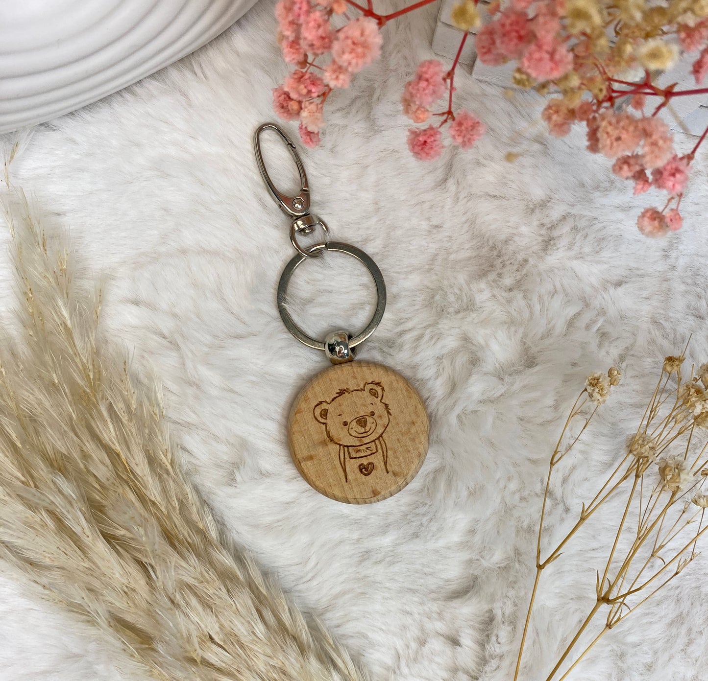 personalisierbarer Schlüsselanhänger aus Holz, Tier Motiv + Name, Taschenanhänger graviert, Holzanhänger mit Metallring, Rücksackanhänger
