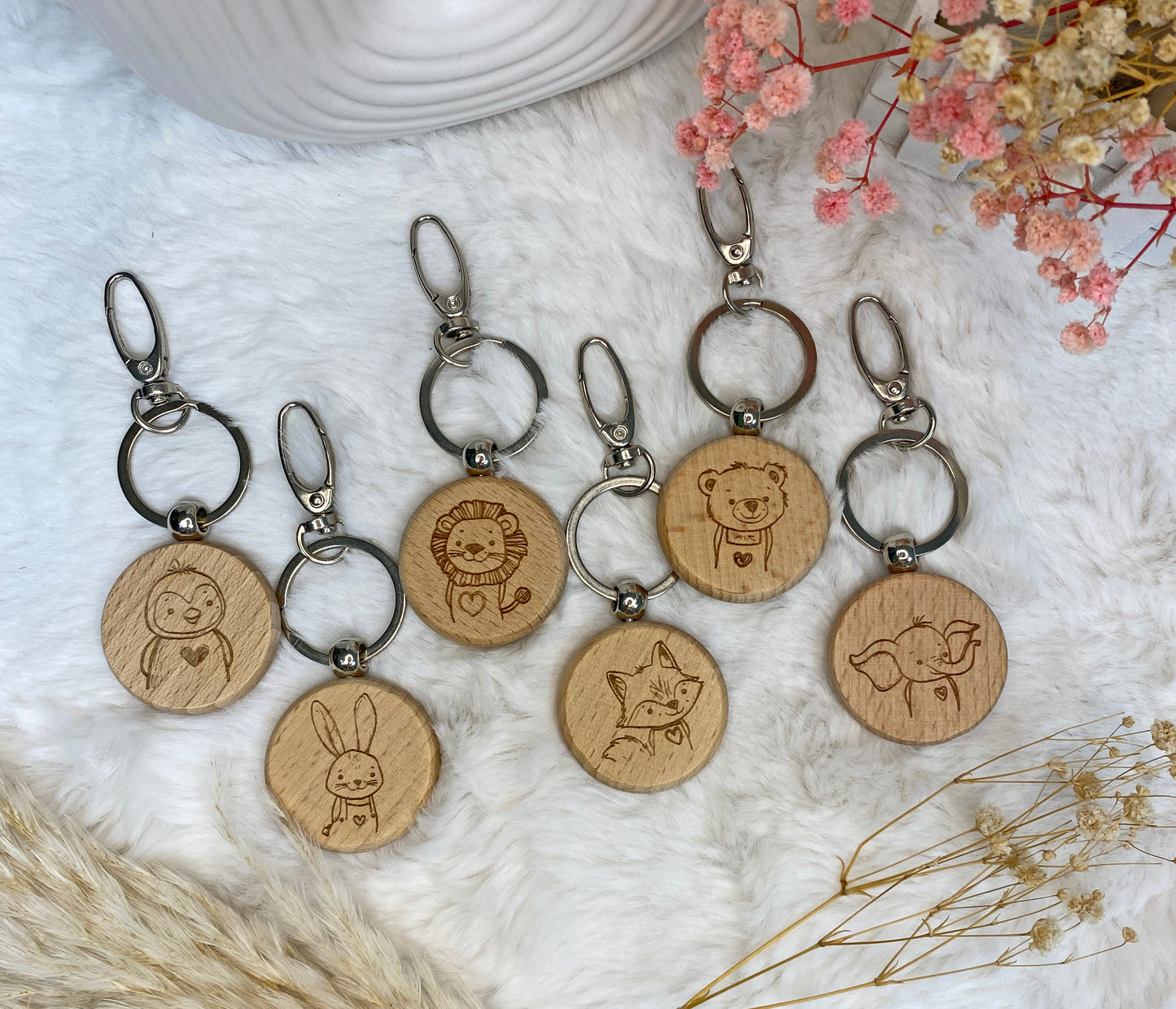 personalisierbarer Schlüsselanhänger aus Holz, Tier Motiv + Name, Taschenanhänger graviert, Holzanhänger mit Metallring, Rücksackanhänger