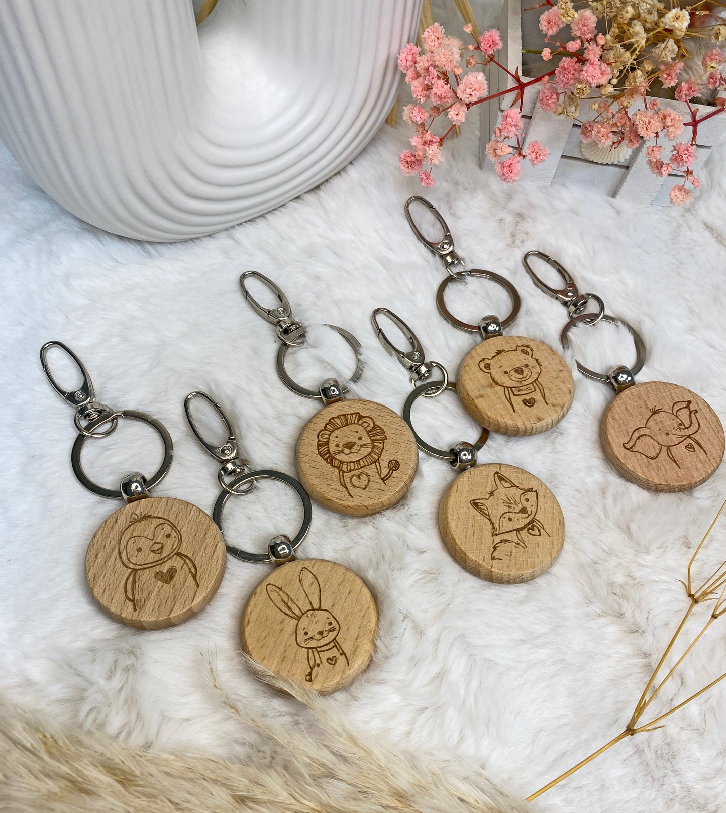 personalisierbarer Schlüsselanhänger aus Holz, Tier Motiv + Name, Taschenanhänger graviert, Holzanhänger mit Metallring, Rücksackanhänger