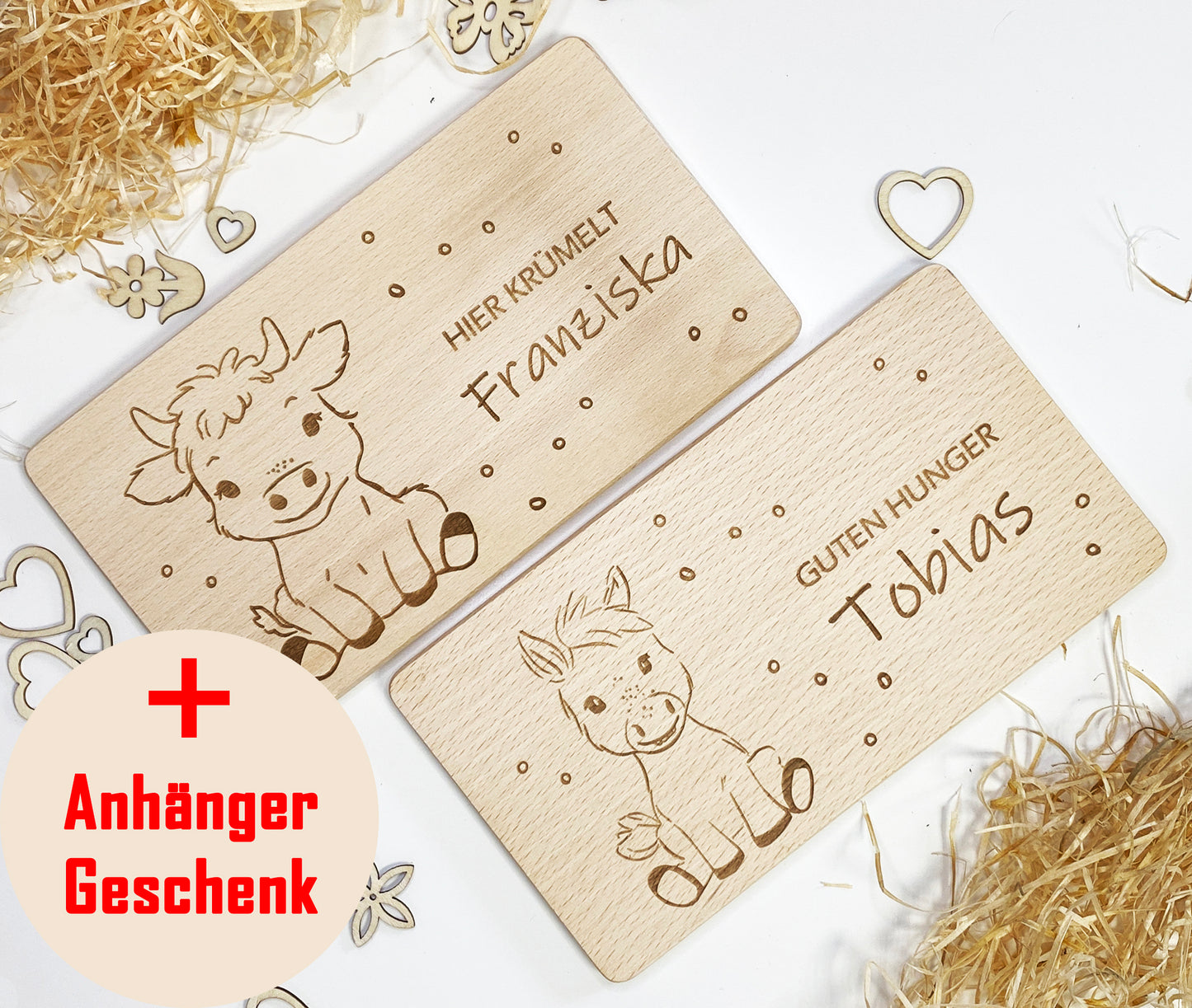 Holzbrettchen für Kinder mit Gravur Bauernhoftiere, Frühstücksbrett mit Namen, personalisiertes Schneidebrettchen
