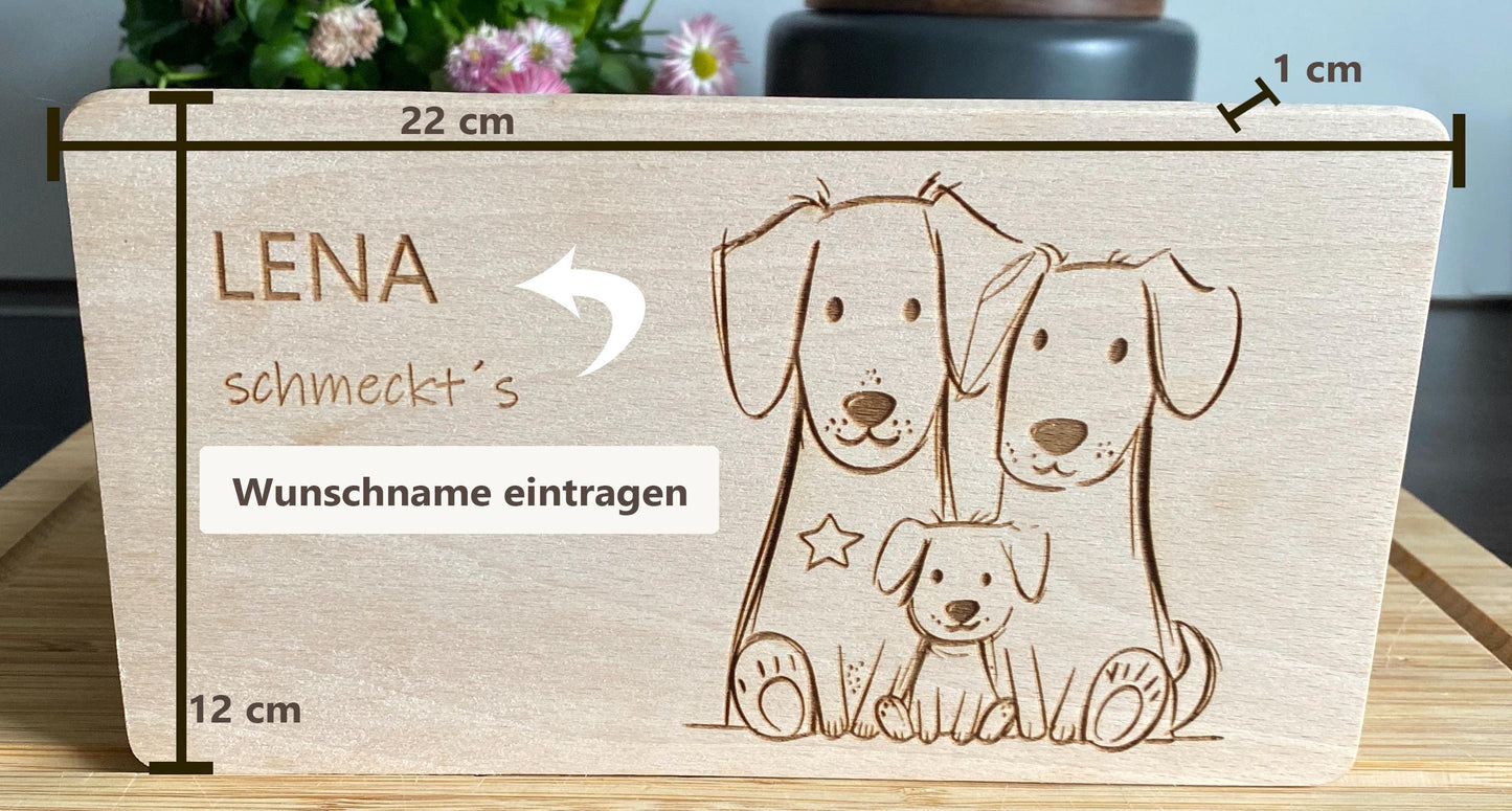 Holz Frühstücksbrett mit Golden Retriever Familie und Namensgravur, personalisiertes Holzbrettchen mit Gravur, Schneidebrett Hundefamilie