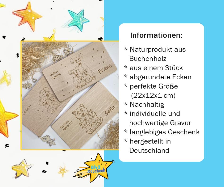 Frühstücksbrett für Kinder mit Namen, Holzbrett Gravur Tierfamilie, personalisiertes Brettchen, Schneidebrett Waldtiere,