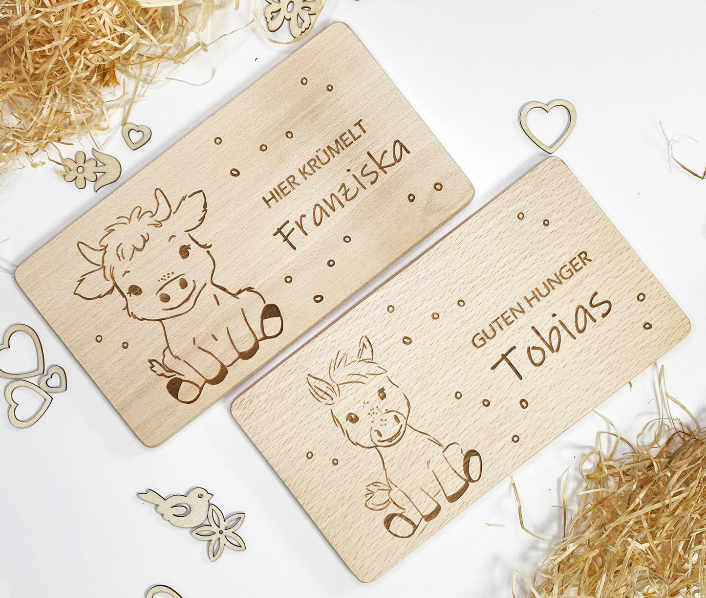 Holzbrettchen für Kinder mit Gravur Bauernhoftiere, Frühstücksbrett mit Namen, personalisiertes Schneidebrettchen