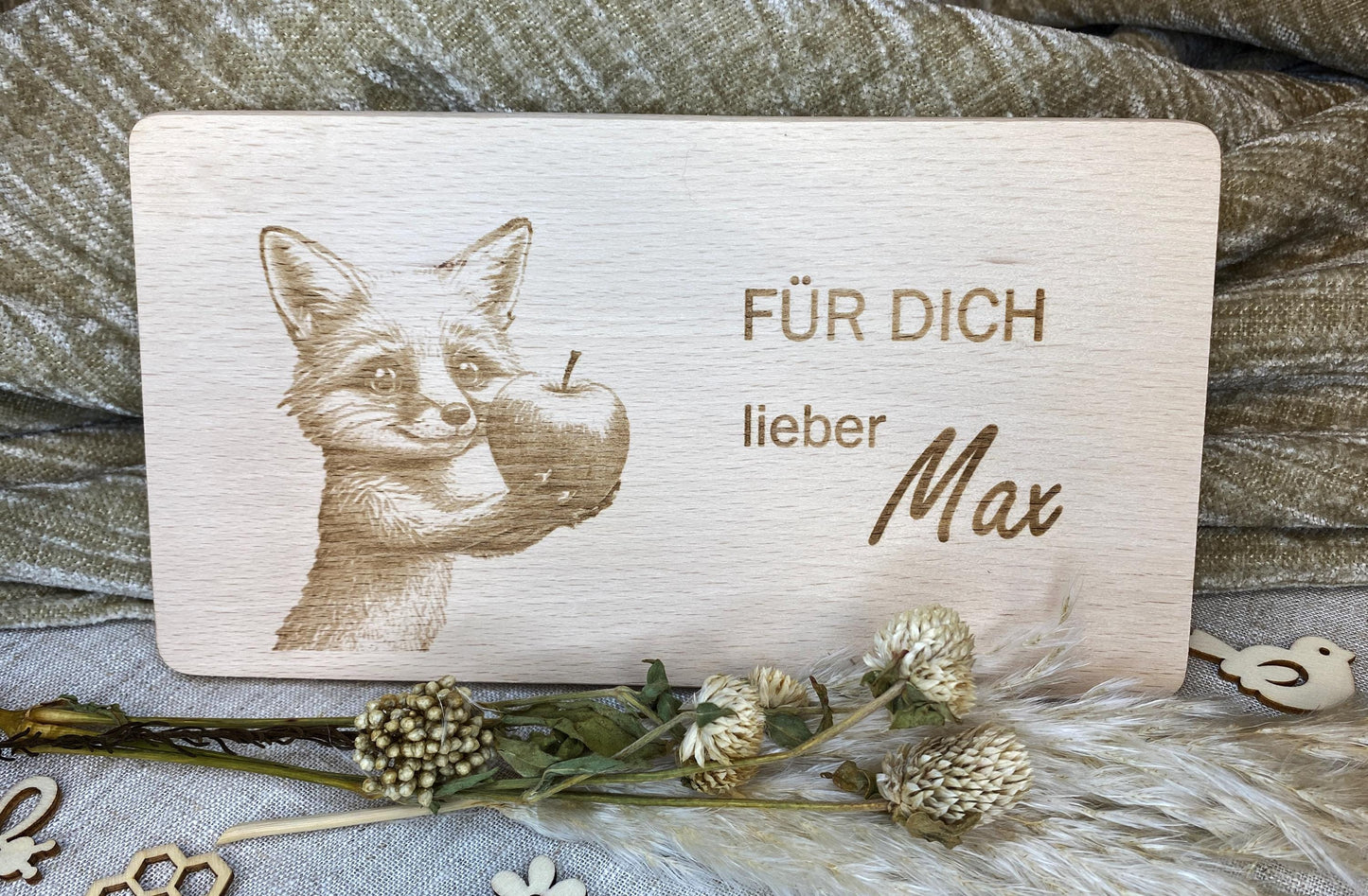 Holzbrett Gravur Fuchs + Namen, Motivation zum Essen für Kinder, Frühstücksbrett Motiv Für Dich, personalisierter Teller animiert zum Essen