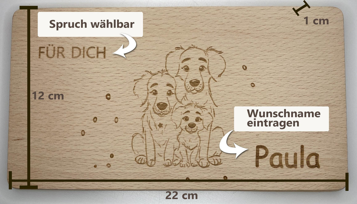 Frühstücksbrett für Kinder mit Namen, Holzbrett Gravur Tierfamilie, personalisiertes Brettchen, Schneidebrett Waldtiere,