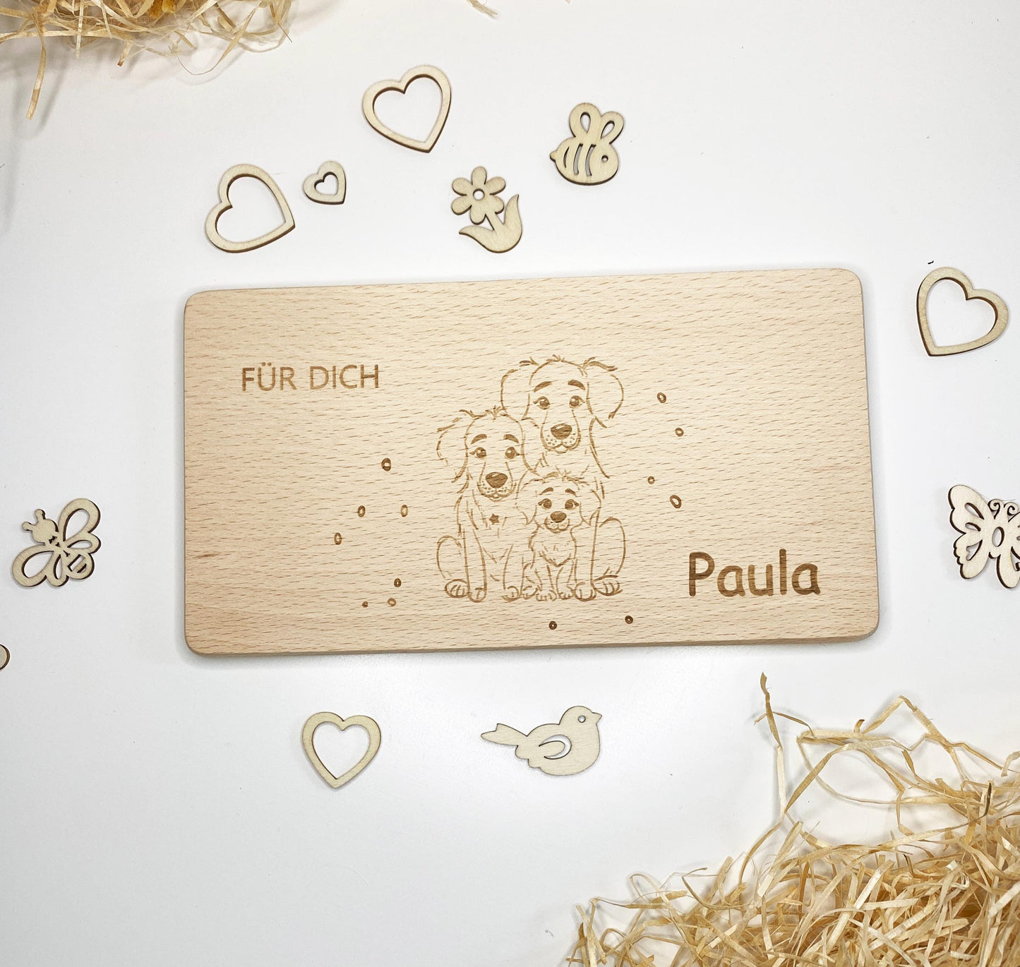 Frühstücksbrett für Kinder mit Namen, Holzbrett Gravur Tierfamilie, personalisiertes Brettchen, Schneidebrett Waldtiere,