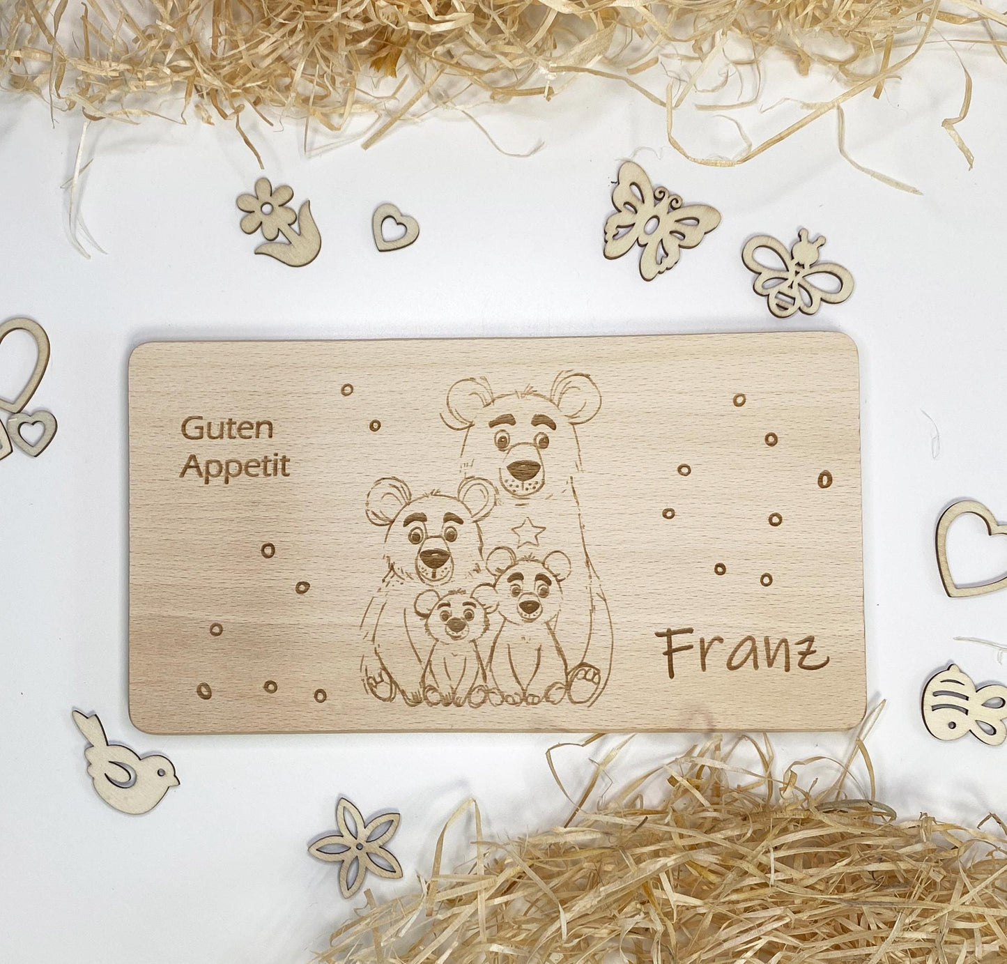 Frühstücksbrett für Kinder mit Namen, Holzbrett Gravur Tierfamilie, personalisiertes Brettchen, Schneidebrett Waldtiere,