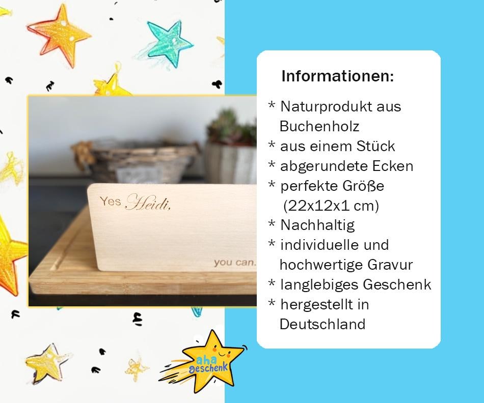 Schneidebrett zur Motivation mit Namen, Holzbrett Stärkung zur Prüfung, Aufmerksamkeit für ein Vorhaben, Frühstücksbrett Yes you can Gravur