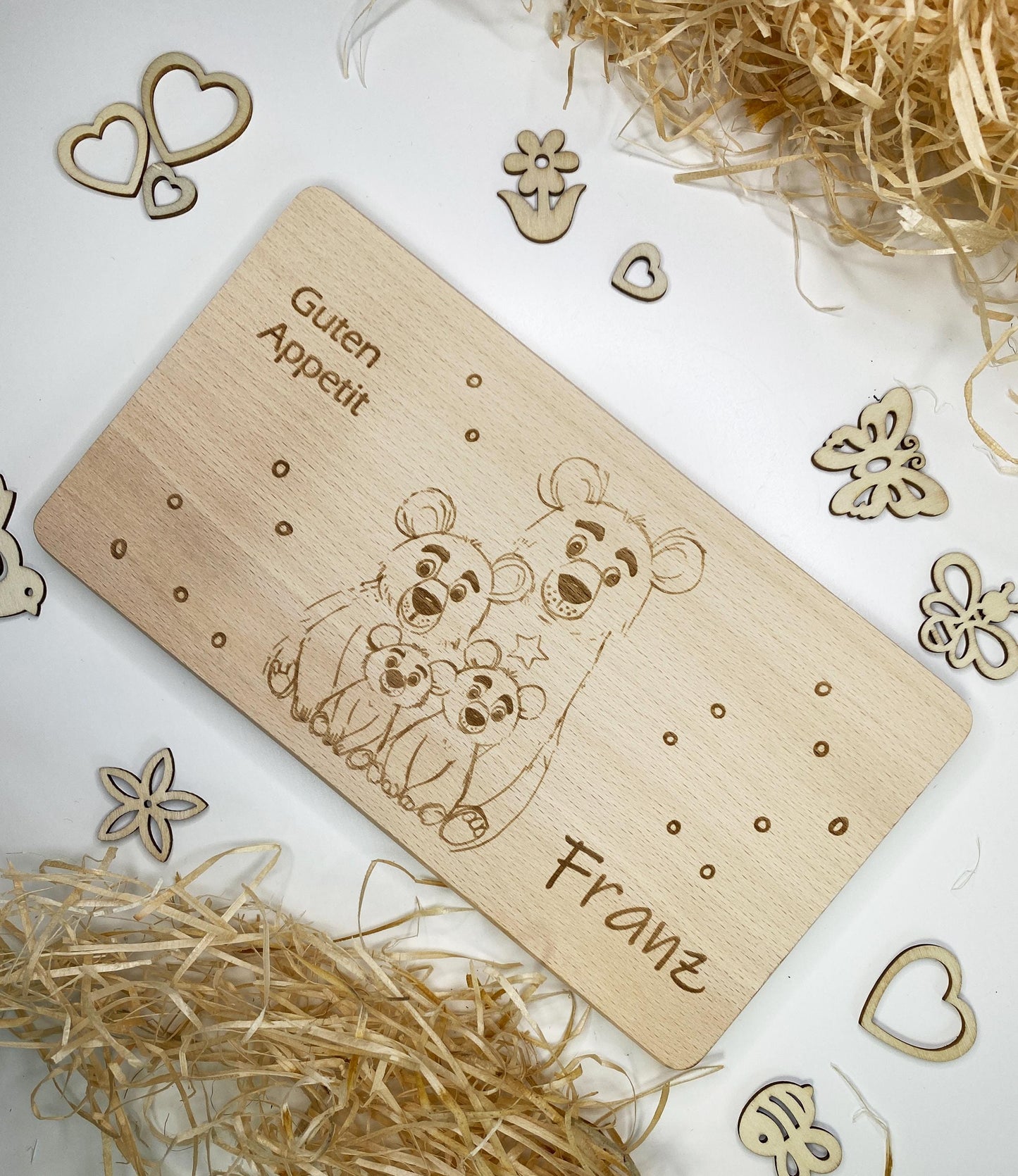 Frühstücksbrett für Kinder mit Namen, Holzbrett Gravur Tierfamilie, personalisiertes Brettchen, Schneidebrett Waldtiere,