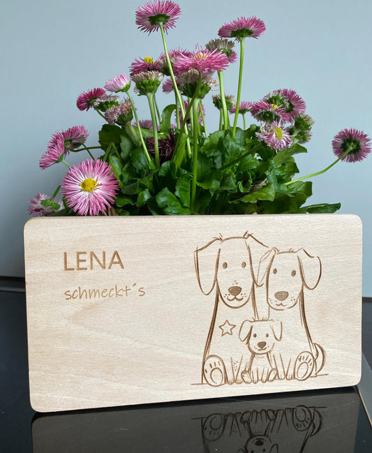 Holz Frühstücksbrett mit Golden Retriever Familie und Namensgravur, personalisiertes Holzbrettchen mit Gravur, Schneidebrett Hundefamilie