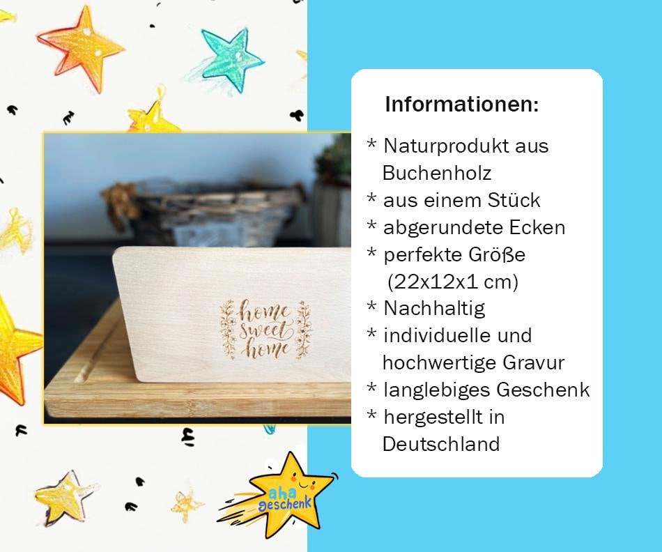 Holz-Schneidebrett, Frühstücksbrett, Holzbrett Geschenk erste Wohnung, Einzugsgeschenk, Schneidebrettchen zum Umzug, Home Sweet Home Gravur