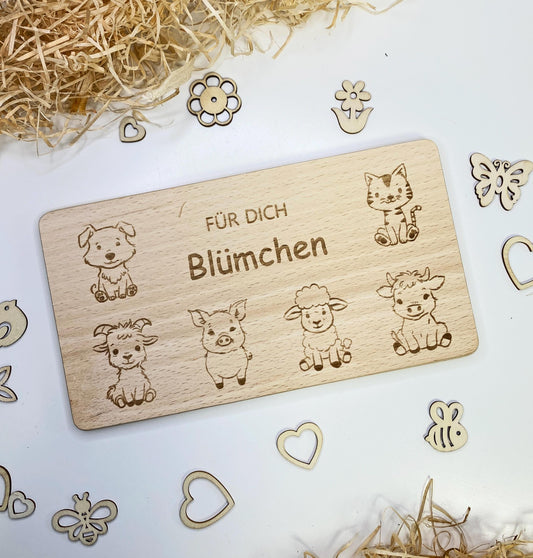 Frühstücksbrettchen mit 6 Bauernhof-Tieren, Kinder Holzbrettchen mit Gravur, Frühstücksbrett mit Namen, personalisiertes Holzbrett Geschenk