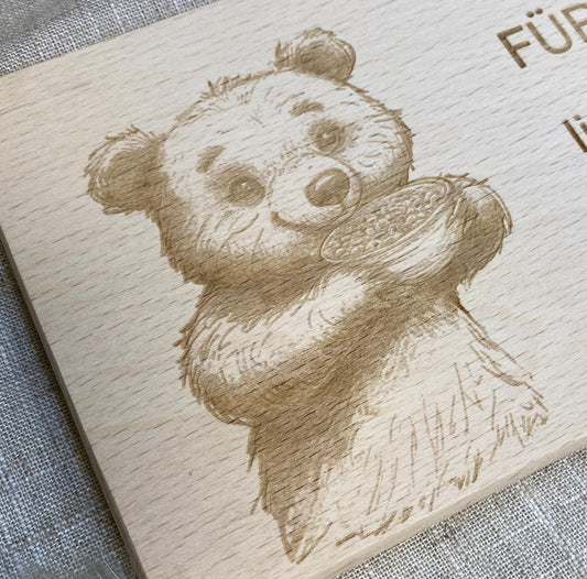 Holzbrett Gravur Bär + Name, Frühstücksbrett Motiv Für Dich, personalisierter Holzteller animiert zum Essen, Motivation für Kinder zum Essen