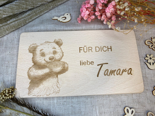 Holzbrett Gravur Bär + Name, Frühstücksbrett Motiv Für Dich, personalisierter Holzteller animiert zum Essen, Motivation für Kinder zum Essen