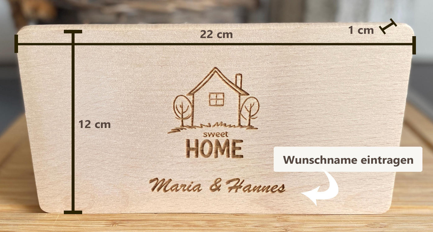 Holz-Schneidebrett erste Wohnung, Einzugsgeschenk, Schneidebrettchen zum Umzug, Sweet Home Gravur