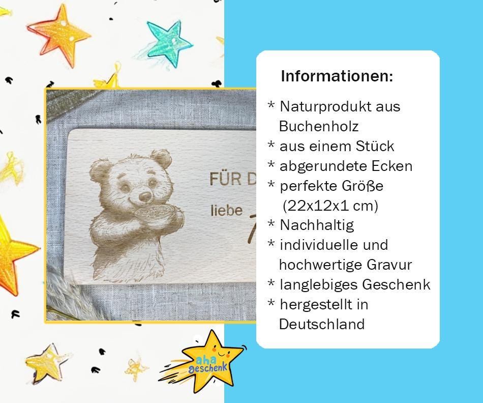 Holzbrett Gravur Bär + Name, Frühstücksbrett Motiv Für Dich, personalisierter Holzteller animiert zum Essen, Motivation für Kinder zum Essen