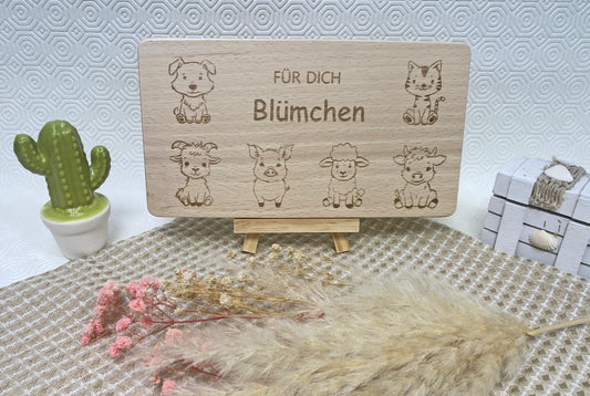 Frühstücksbrettchen mit 6 Bauernhof-Tieren, Kinder Holzbrettchen mit Gravur, Frühstücksbrett mit Namen, personalisiertes Holzbrett Geschenk