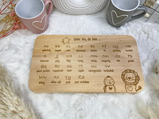 Holzbrett zur Schuleinführung, Küchenbrett Schulkind, Frühstücksbrett ABC, Frühstücksbrettchen personalisiert, Brettchen Holz Schulanfang