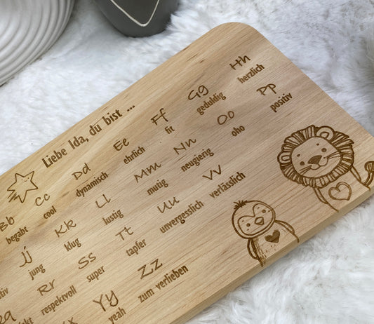 Holzbrett zur Schuleinführung, Küchenbrett Schulkind, Frühstücksbrett ABC, Frühstücksbrettchen personalisiert, Brettchen Holz Schulanfang