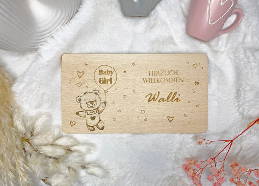 Hallo Baby Willkommens Geschenk, Frühstücksbrett Gravur Name, Kinder Holzbrett Baby Geburt, Schneidebrett personalisiert zur Babyparty