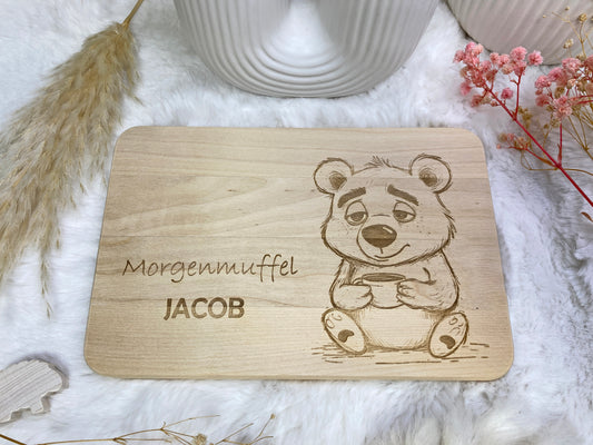 Holz-Schneidebrett Gravur Bär, Frühstücksbrett Morgenmuffel, Birkenholz Holzbrett 23x15, Schneidebrett mit Namen, Frühstücksbrettchen Kaffee