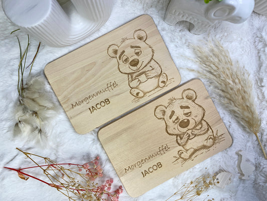 Holz-Schneidebrett Gravur Bär, Frühstücksbrett Morgenmuffel, Birkenholz Holzbrett 23x15, Schneidebrett mit Namen, Frühstücksbrettchen Kaffee