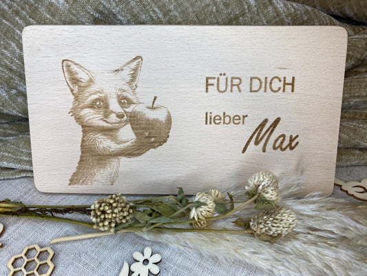 Holzbrett Gravur Fuchs + Namen, Motivation zum Essen für Kinder, Frühstücksbrett Motiv Für Dich, personalisierter Teller animiert zum Essen