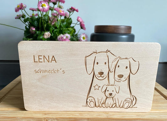 Holz Frühstücksbrett mit Golden Retriever Familie und Namensgravur, personalisiertes Holzbrettchen mit Gravur, Schneidebrett Hundefamilie