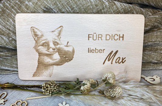 Holzbrett Gravur Fuchs + Namen, Motivation zum Essen für Kinder, Frühstücksbrett Motiv Für Dich, personalisierter Teller animiert zum Essen